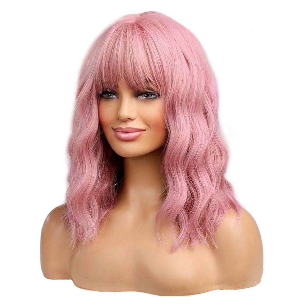 Vibrant Pink Wavy Wig with Bangs